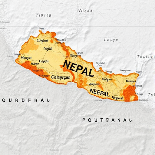 High-resolution image of the map of Nepal, camera settings: ISO 100, aperture f/8, shutter speed 1/200s, camera view: top-down, camera style: vector illustration, camera type: digital slr.