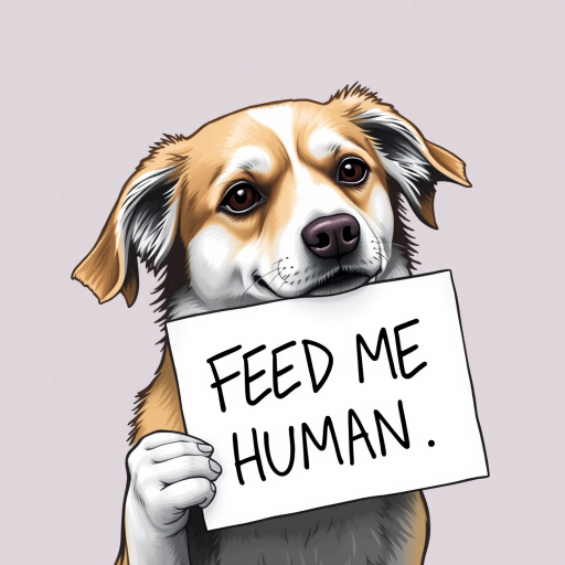 dog holding a note which says "FEED ME HUMAN"