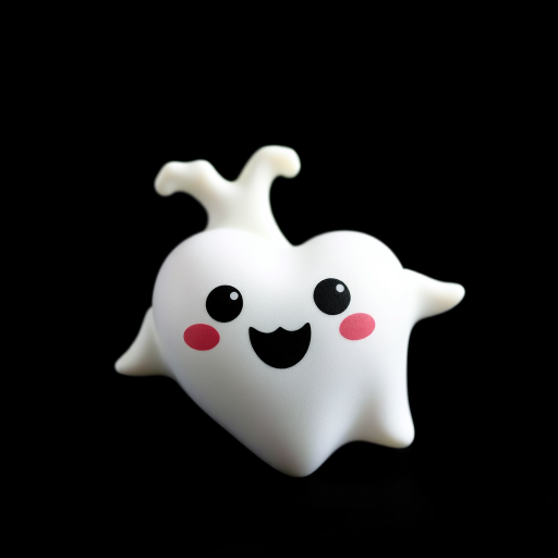 Create a high-resolution image of a white ghost heart with playful features against a solid black background, using a DSLR camera with a 50mm lens, f/1.8 aperture, ISO 100, and a soft focus style to enhance the texture and depth.