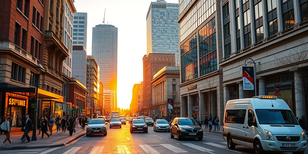 Capture a bustling city street scene in Warsaw, Poland during golden hour with a Canon EOS R5, 24mm lens, f/8 aperture, ISO 100, 1/200 sec shutter speed, focusing on the modern skyscrapers reflecting the warm light, with dynamic pedestrian and traffic movement in the foreground.