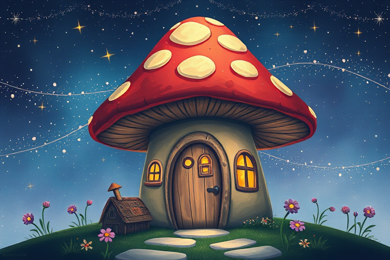 design illustration of a mushroom house with a door and a window, a storybook , fantasy art, mushroom house, bg starry sky, sparkles