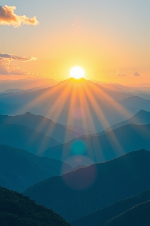 generate a vector illustration of a sunrise over blue mountains with rays of sunlight radiating and fluffy white clouds scattered in a clear sky, use a 50mm lens, aperture f/8, ISO 100, 1000x800 resolution, HDR style, digital art