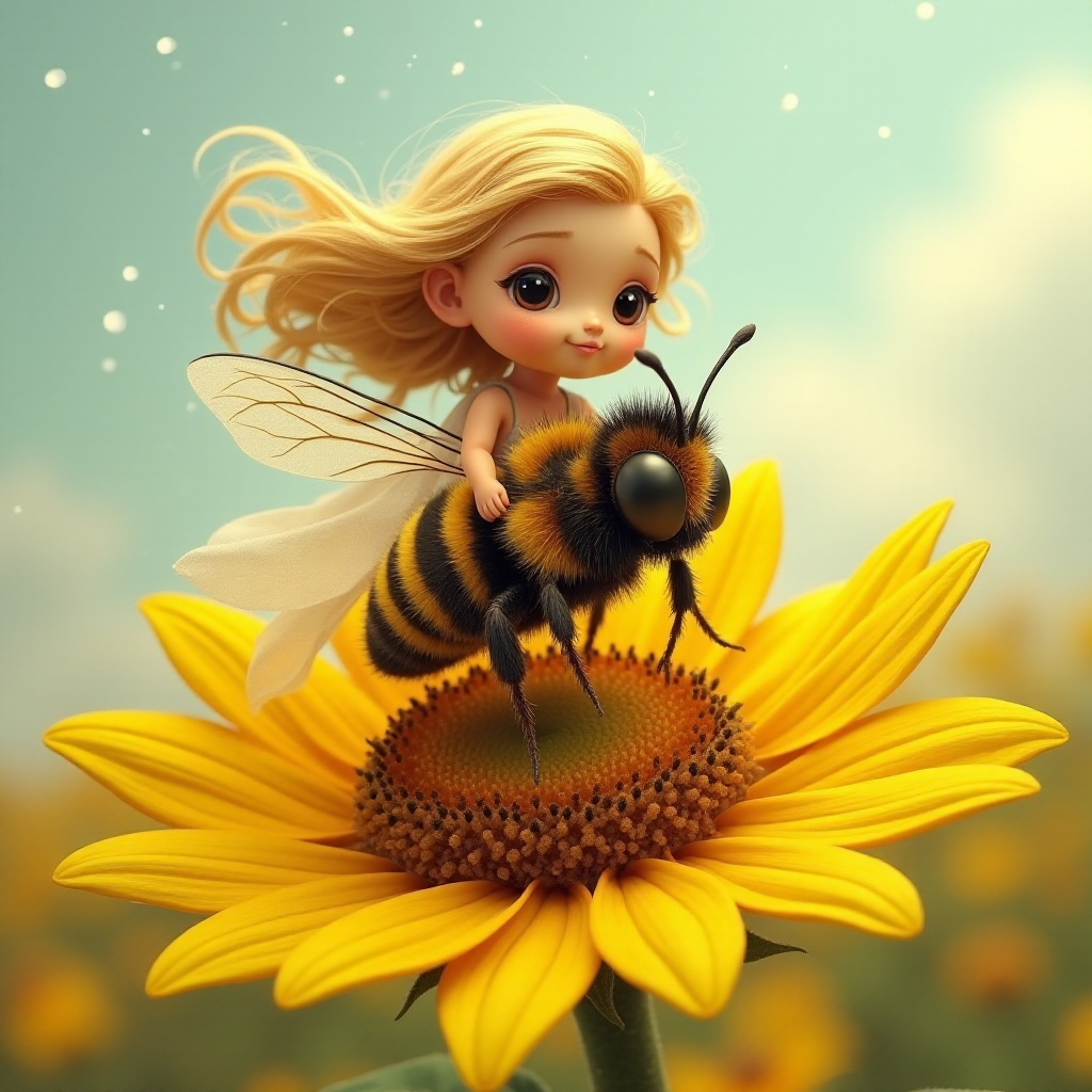 a whimsical cute girl with big eyes, big hair and flowing dress, riding astride a bumble bee, and flying across the top of the sunflower, which are just waking up, and catching dew drop of rain