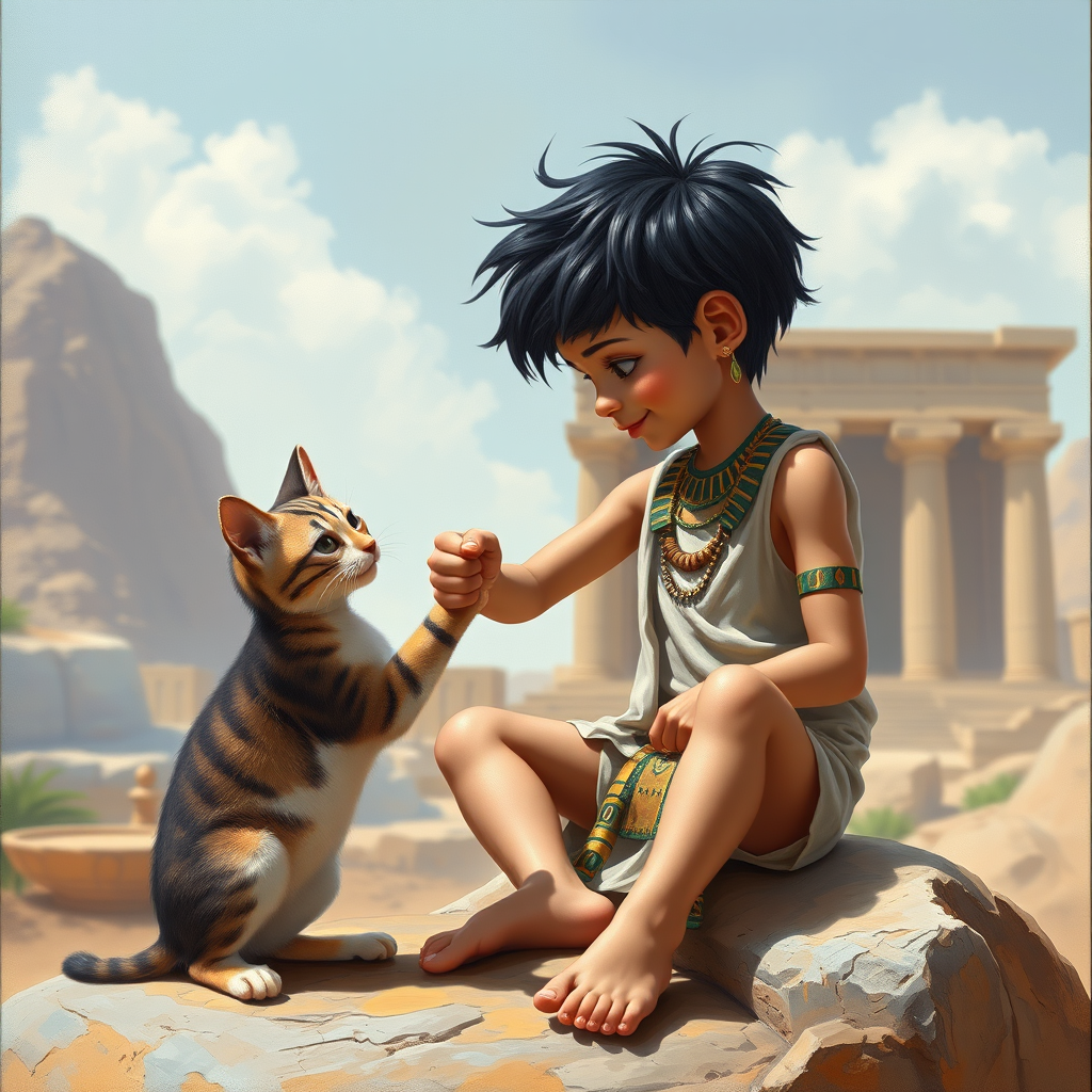 Airbrush, whimsical, glossy oil painting, hyper realism of an Ancient Egyptian boy with black messy short hair, wearing an Ancient Egyptian outfit, bare feet, sitting on a stone in front of a temple, fist bumping with his Ancient Egyptian cat, the boy and the cat looking to each other proudly.