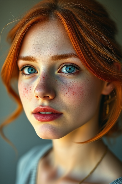 portrait of a young woman with vibrant red hair and freckles, soft natural lighting, close-up view, shallow depth of field, 50mm lens, f/1.8 aperture, ISO 200, warm tones, soft focus background, capturing serene expression