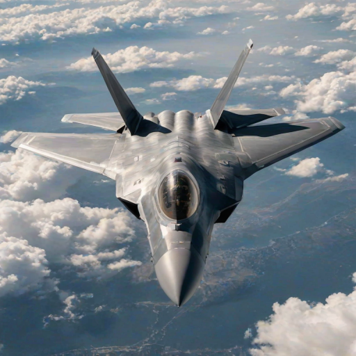 a high-resolution photograph of a military jet, specifically a F-22 Raptor, soaring through the sky. The aircraft is depicted in a sleek, metallic gray and beige color scheme, with visible markings and insignia on its fuselage. The jet's wings and tail are angled slightly, giving a sense of dynamic movement. The cockpit canopy is transparent, allowing a glimpse of the pilot's seat and instruments inside. The background is a vast expanse of fluffy white clouds, stretching across the sky with a subtle gradient of light and dark shades, indicating a clear, sunny day. The clouds are thick and textured, with visible wisps and tendrils that add depth to the image. The overall scene conveys a sense of speed and agility, with the jet slicing through the clouds with precision and power. The photograph's clarity and detail highlight the aircraft's sleek design and advanced technology, emphasizing its capabilities and readiness for action. The image is taken from a low angle, looking up at the jet, which adds to the sense of awe and admiration for the aircraft's performance.