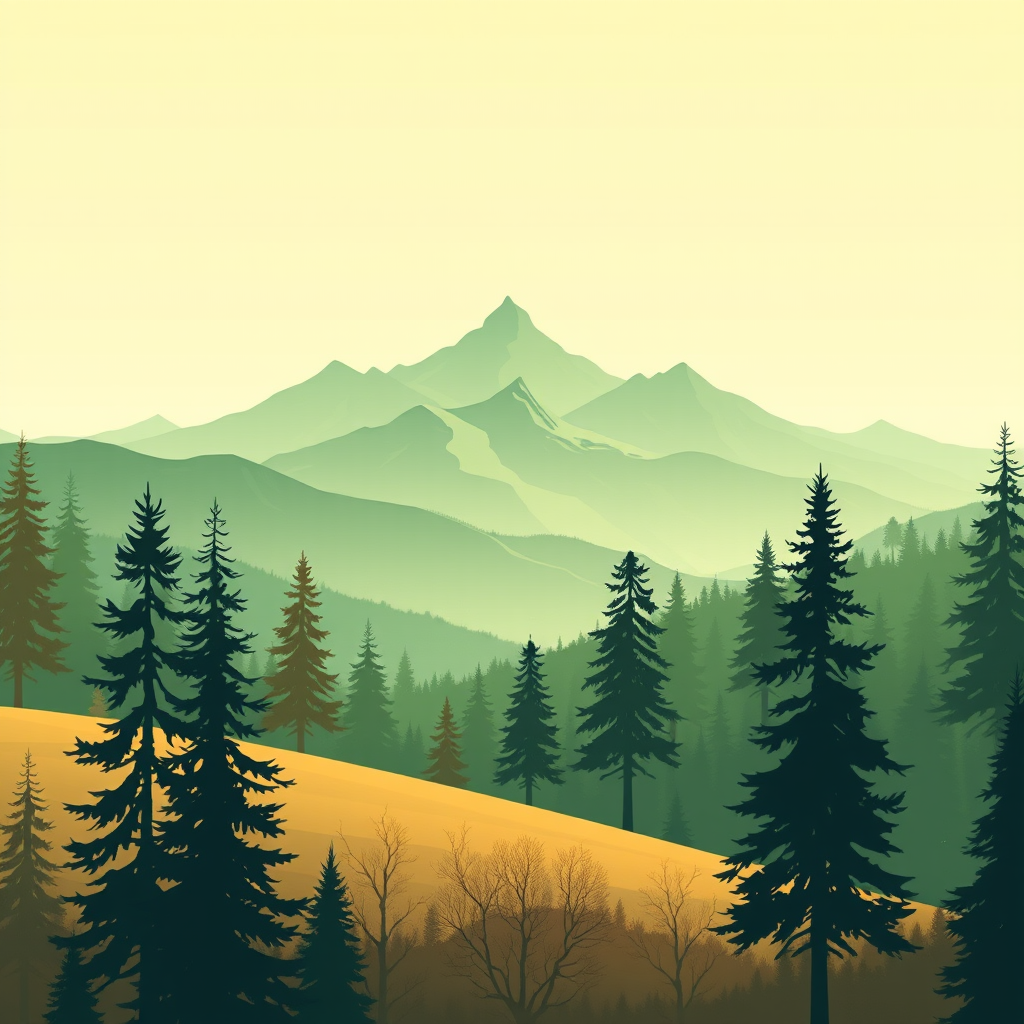 create a serene landscape illustration featuring layered green mountains in the background and various silhouettes of evergreen trees and deciduous trees in the foreground, include a soft pastel color palette with a light yellow sky, use a digital art style and ensure a high-resolution finish with a 16:9 aspect ratio, simulated camera settings: f/8 aperture, ISO 100, shutter speed 1/250s, simulating a DSLR camera view