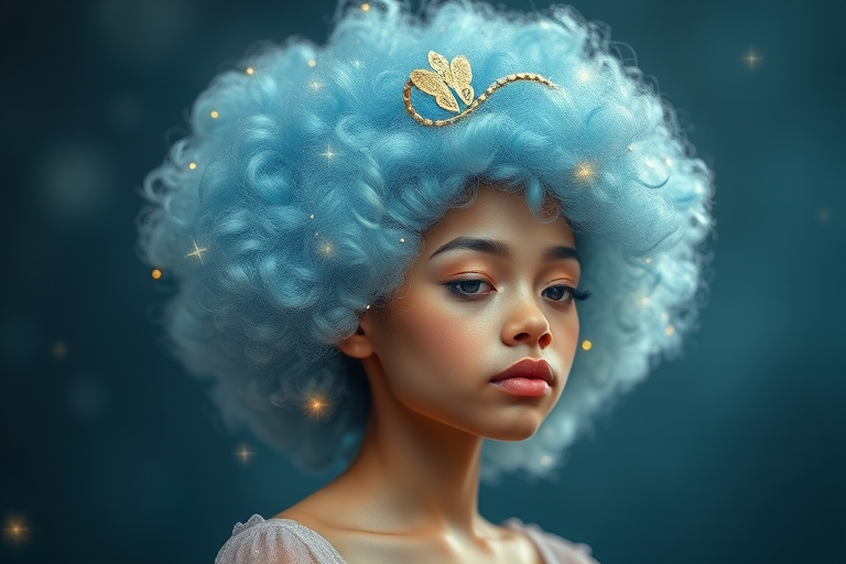 Ethereal periwinkle blue hair styled in a cloud-like afro adorned with twinkling fairy lights, embodying whimsical dreamscape vibes called Celestial Halo