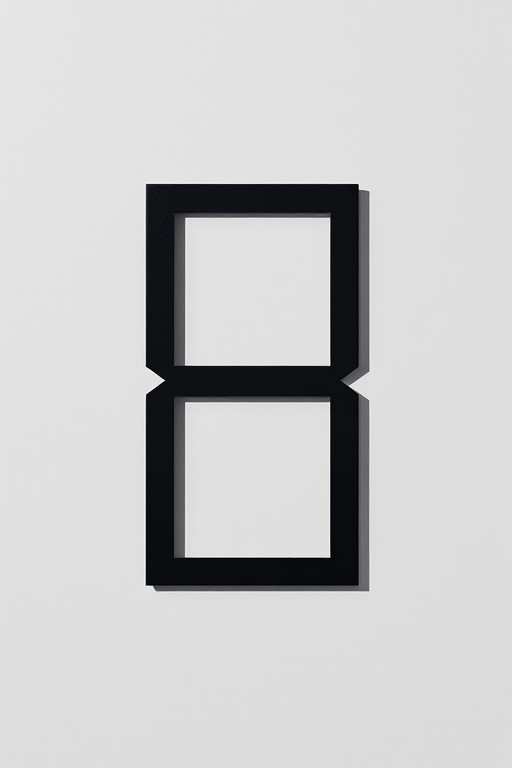 Generate a high-resolution digital artwork of a minimalistic black rectangular number eight on a soft gray background, using a DSLR camera with a 50mm lens, aperture set at f/1.8, ISO 100, in natural daylight for enhanced contrast and clarity.