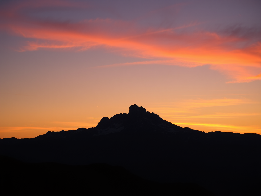 Create a high-resolution image of a silhouette of a mountain range during sunset, captured with a DSLR camera at f/8 aperture, 1/125 shutter speed, ISO 200, using a wide-angle lens in landscape orientation for enhanced depth and clarity.