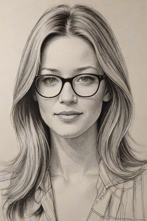 Elegant Sarah Roemer, pencil sketch, portrait of Comely woman 1979s in glasses, hair style beatnik, outline, clear lines, fine lines, 8k