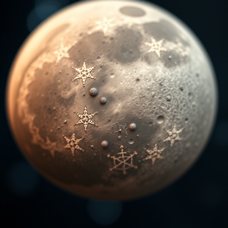 Create a surreal digital artwork of a stitched moon in space, using a Canon EOS R5 with a 50mm f/1.2 lens at f/8, ISO 100, and a 1/125 sec shutter speed, capturing a close-up view with a soft bokeh effect in the background, emphasizing intricate details of the stitching and celestial elements.
