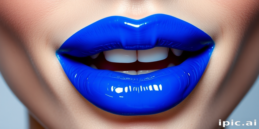 Bold electric blue lips with a high-shine lacquer finish, making a daring statement and showcasing unconventional beauty