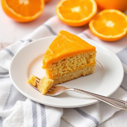 A slice of cake with orange frosting on a white plate placed on a striped cloth with orange slices in the background and a fork beside the plate.