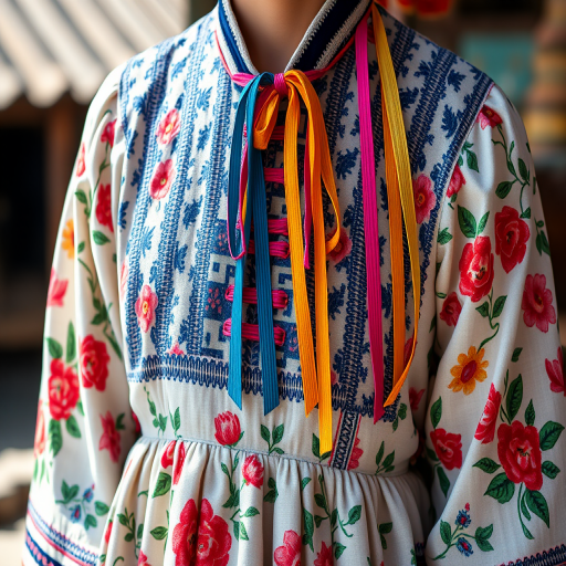 Regenerate the image of a traditional dress featuring a floral pattern and colorful ribbons, captured with a Canon EOS R5, 85mm lens, f/2.8 aperture, 1/200 second shutter speed, in natural light for enhanced vibrancy.