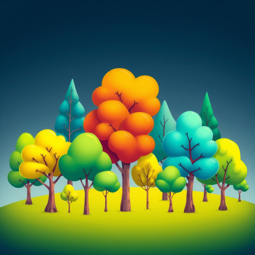 Create a vibrant illustration of a variety of trees with distinct shapes and sizes, using a colorful and smooth design style, set against a gradient background; camera settings: ISO 100, f/8, shutter speed 1/125 sec; camera view: wide-angle; camera style: digital illustration; camera type: conceptual art.