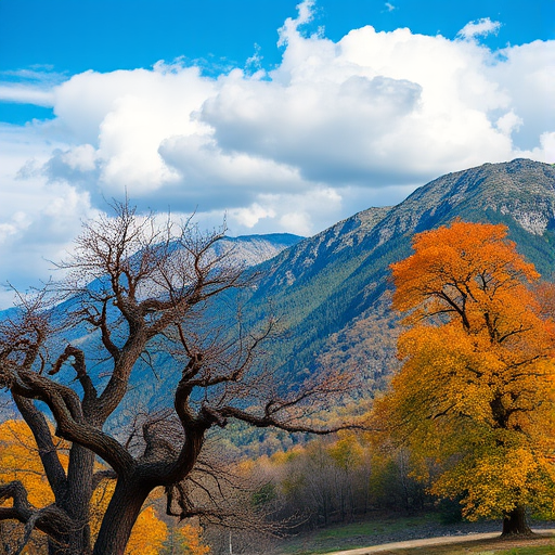 Generate a landscape image of a mountainous area with a foreground of gnarled trees, showcasing vibrant autumn colors, with a clear blue sky and dramatic clouds, shot with a DSLR camera at ISO 100, aperture f/8, shutter speed 1/125s, in landscape mode, with a wide-angle lens to capture the expansive view and enhance depth of field.