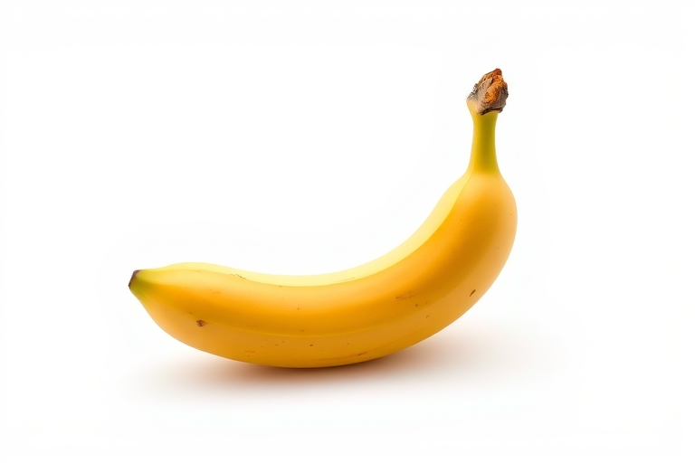 Create a high-resolution image of a single ripe banana on a clean white background, using a DSLR camera with a 50mm lens, aperture set to f/2.8 for a shallow depth of field, ISO 100, and a soft diffused lighting setup to enhance details and colors.
