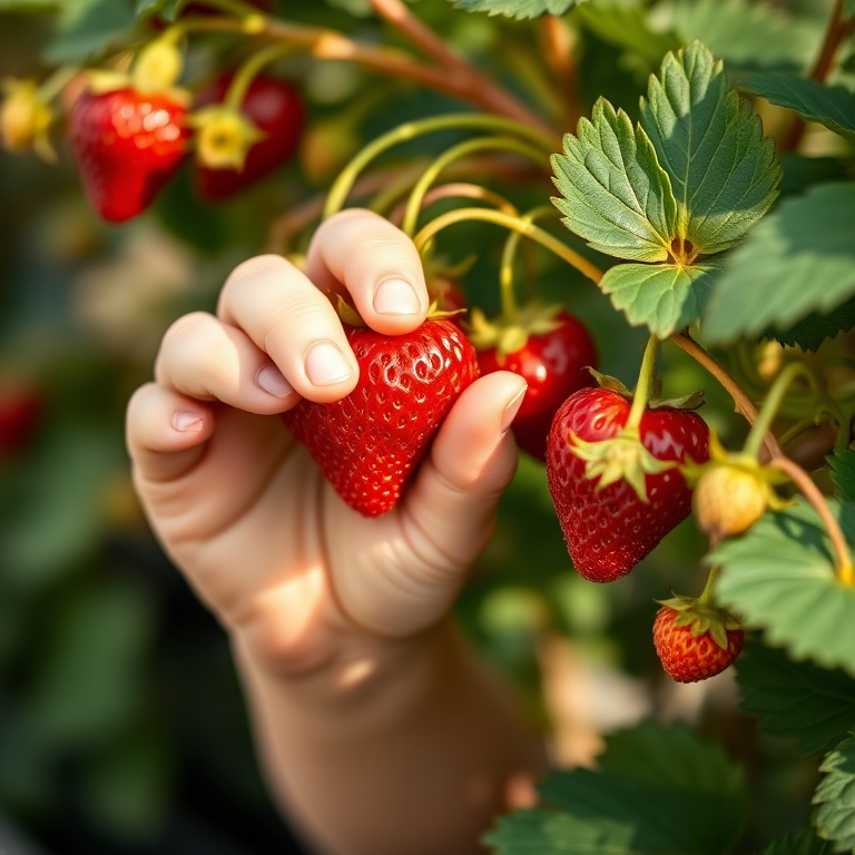 close-up of a child's hand reaching for ripe strawberries on a plant, soft natural lighting, shallow depth of field, aperture f/2.8, ISO 200, 50mm lens, DSLR camera, portrait mode, high-resolution image