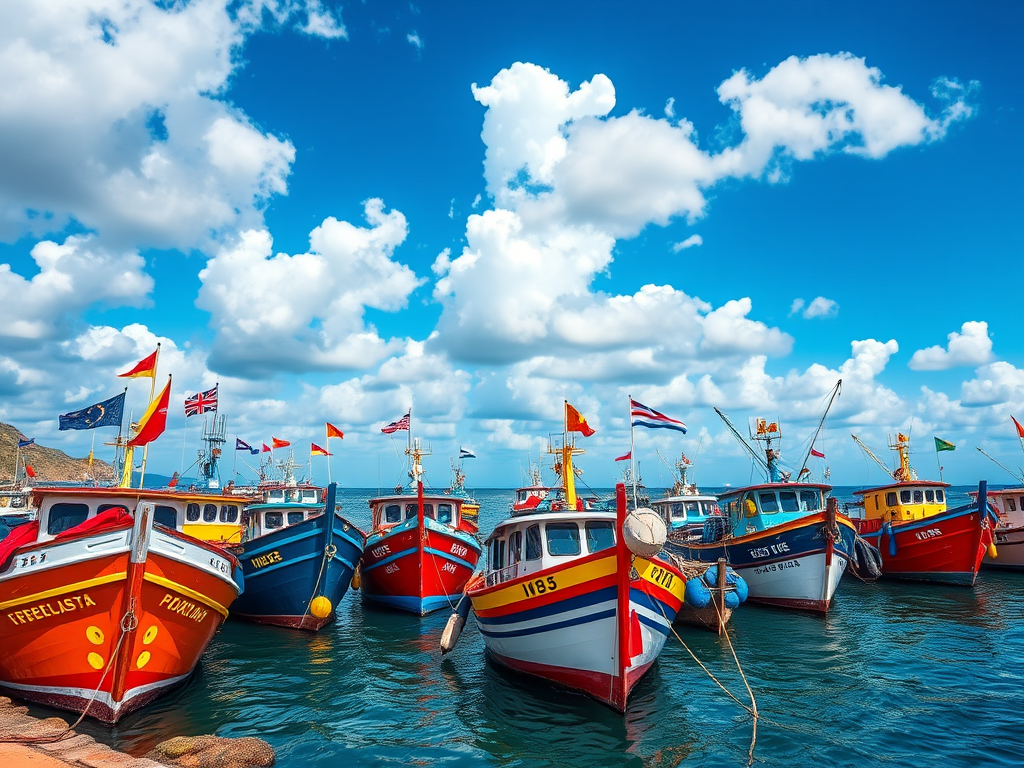 Generate a vibrant coastal scene with colorful fishing boats adorned with various flags, set against a bright blue sky with fluffy clouds, captured with a DSLR camera at f/8 aperture, ISO 100, 24mm lens, in a wide-angle view to enhance depth and detail.