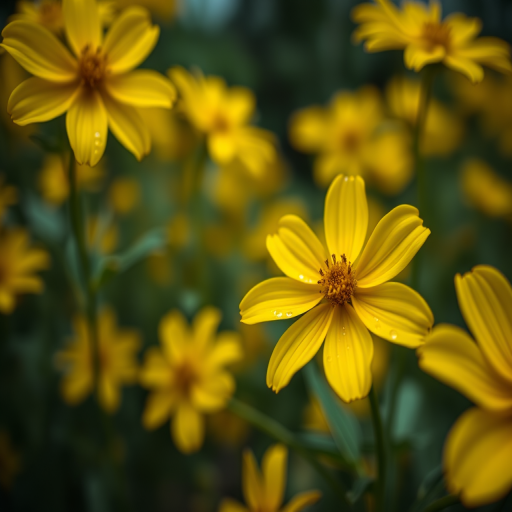 Close-up of yellow flowers in the rain, shallow depth of field, f/2.8 aperture, 50mm lens, Nikon D850, soft diffused lighting, low angle view, enhance saturation and contrast.