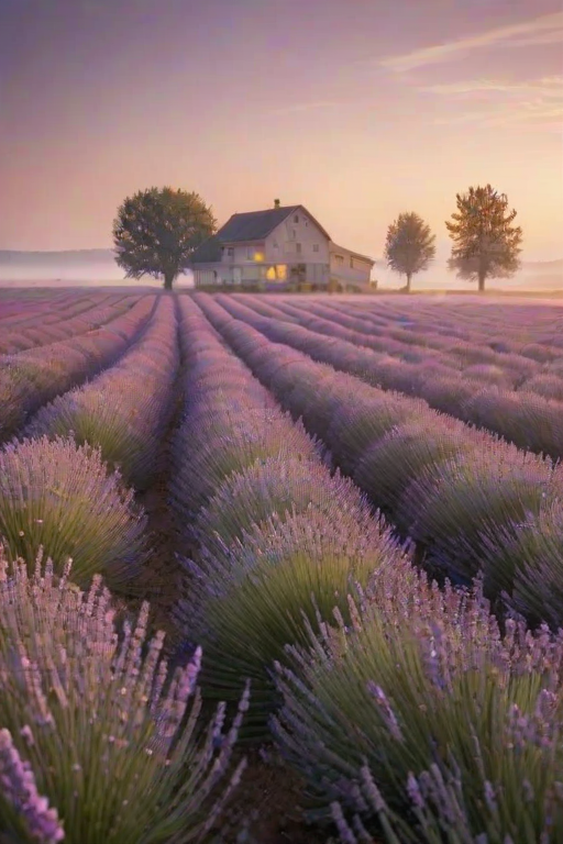 Soft-focus image of a field of lavender swaying gently in the breeze at sunset, soft golden light illuminating the purple flowers and a distant farmhouse barely visible through the mist.