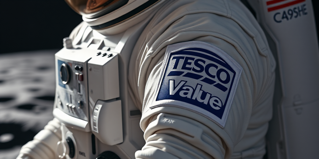 A close up of an astronaut with a large Tesco Value logo patch on the arm of his simplistic spacesuit, the front of the suit has some basic looking dials and switches, on the moon