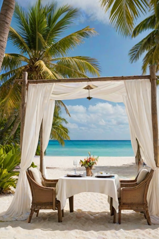 Create a picturesque tropical beach scene featuring a serene, white sandy shore. In the foreground, there's a rustic wooden canopy with white drapes gently flowing in the breeze. Underneath the canopy, a table is set with tropical decor, evoking a sense of relaxation and leisure. The beach extends into a calm, shallow water area with reflections of the sky and surroundings. Palm trees and lush greenery line the edge of the beach, providing a natural, tropical backdrop. The sky is clear with a few scattered clouds, and the overall atmosphere is tranquil and inviting, perfect for a peaceful retreat.