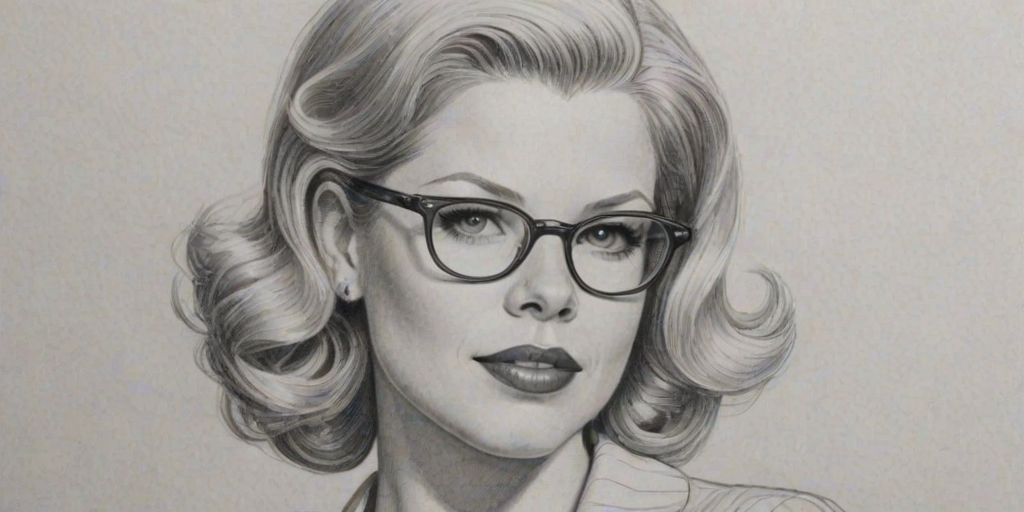 Fascinating Megan Hilty, pencil sketch, portrait of Elegant woman 1935s in glasses, hair style beatnik, outline, clear lines, fine lines, 8k