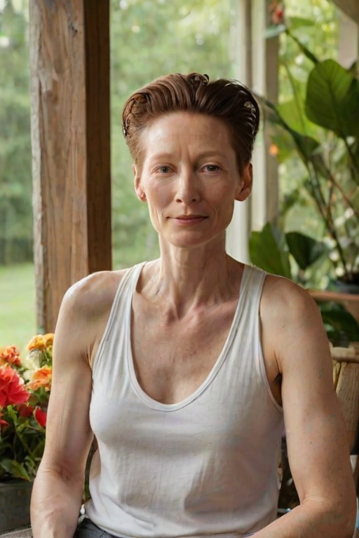 A photo of Tilda Swinton with a background of a cozy porch. She has dark hair pulled back in an updo, with tendrils framing her face. She wears a white tank top and sits on the porch. The porch is part of a well-lit home with a warm, earthy tone and colorful flowers and foliage. The overall scene has a warm, welcoming, and comfortable ambiance.