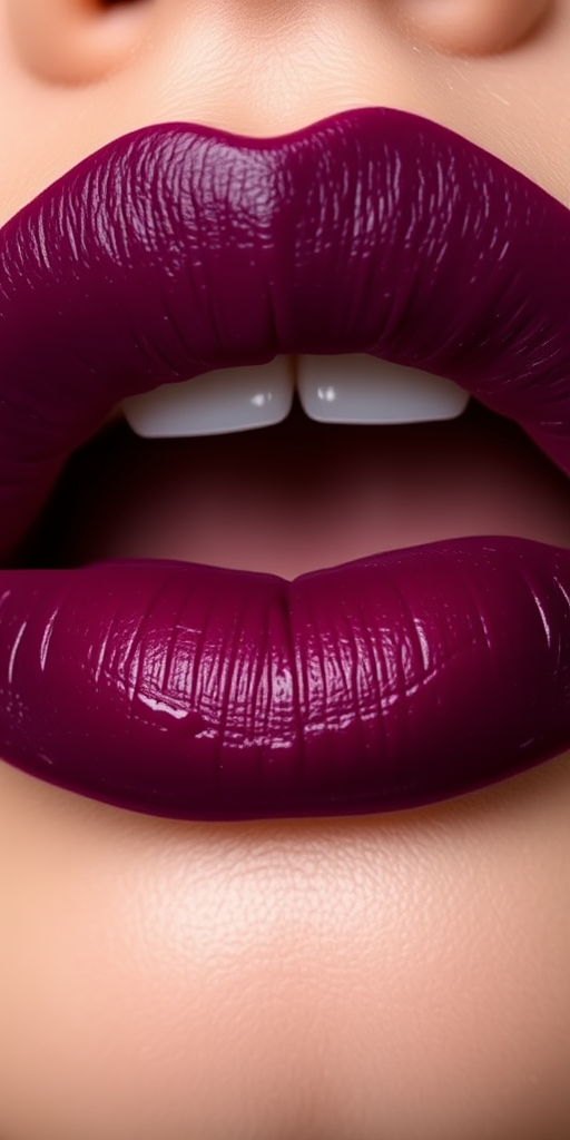 Luscious berry-stained pout boasts a matte finish, showcasing deep purple hues that fade into rich burgundy, capturing attention with its bold and dramatic appearance