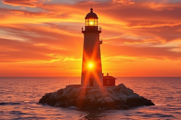 Generate an image of a tall lighthouse perched on a rocky outcrop surrounded by calm ocean waters during a breathtaking sunset. The lighthouse stands sturdy and weathered, its stone surface illuminated by the warm golden light of the setting sun. The sun's rays pass directly through the glass lantern room at the top of the lighthouse, casting a brilliant light across the scene. The sky is painted with vibrant shades of orange, pink, and purple, reflecting off the tranquil sea. The surrounding water shimmers with the same warm hues, creating a serene and majestic atmosphere.