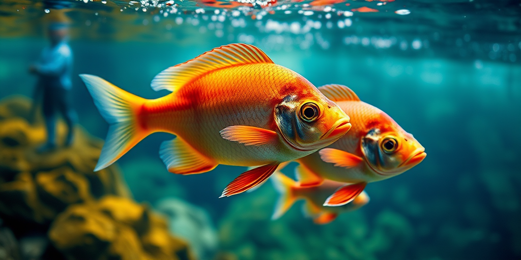 Create a vibrant digital illustration of three fish swimming in a colorful stream, using a Canon EOS 5D Mark IV with a 50mm lens, aperture set to f/2.8, ISO 100, at a high resolution for sharpness, in a clear underwater perspective showing details in scales and colors.
