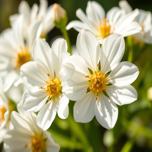 macro shot of white flowers with intricate details, natural sunlight, f/2.8 aperture, 50mm lens, ISO 100, shallow depth of field, DSLR camera, vibrant colors and sharp focus on petals