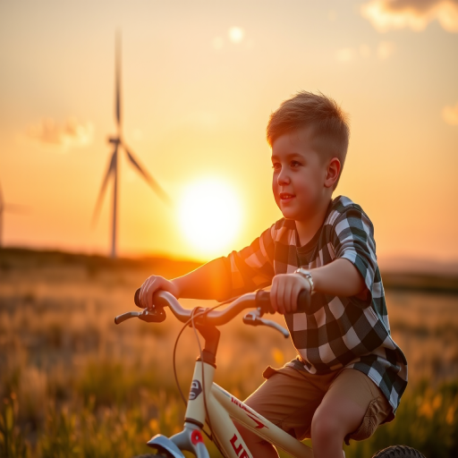 Generate an image of a young boy riding a bike with a wind turbine in the background during golden hour, using a DSLR camera with a 50mm lens, aperture set to f/1.8, ISO 100, and a shutter speed of 1/2000 seconds for sharp focus and vibrant colors.