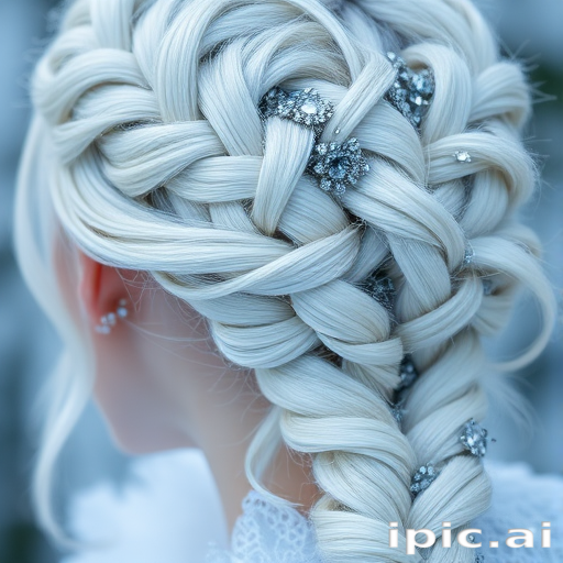 Mesmerizing close-up reveals Frost Queen platinum blonde hair, icy white strands with subtle blue undertones, styled in an intricate braided updo adorned with crystal accessories