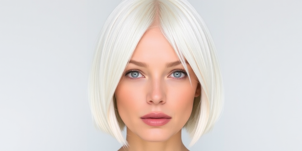 Minimalist hair style showcasing a sleek chin-length bob in a uniform platinum blonde hue with a razor-sharp middle part