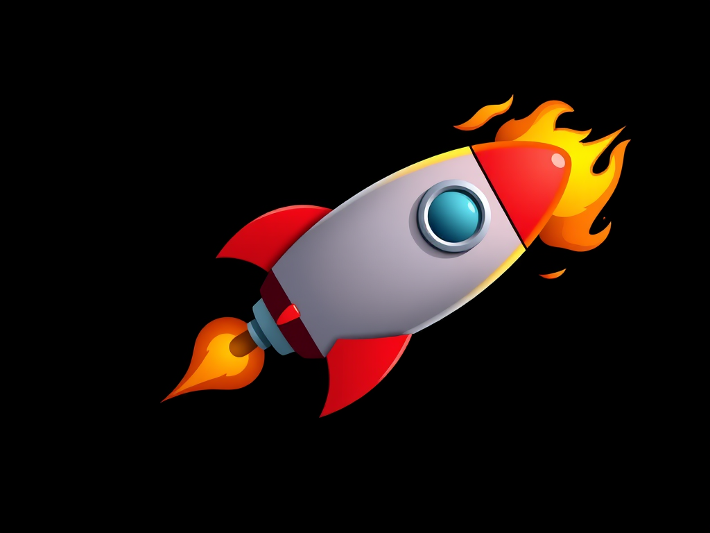 create a colorful cartoon-style rocket with red fins and a round window, soaring with flames, on a solid black background, shot with a DSLR camera at f/8, ISO 100, 50mm lens, top-down view, vibrant saturation, soft lighting
