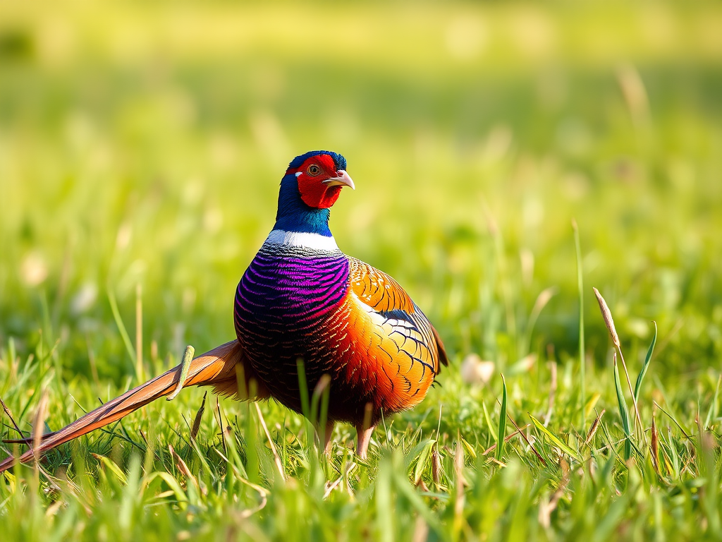 Create a highly detailed illustration of a colorful pheasant standing in a grassy field, captured using a DSLR camera with a 50mm lens, aperture set to f/1.8, ISO 100, and a shallow depth of field for enhanced focus and clarity, with soft natural lighting.