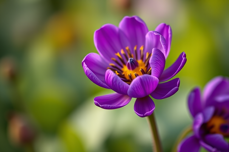 close-up of a vibrant purple ranunculus flower with a soft-focus background, shot with a Canon EOS 5D Mark IV, 50mm lens, aperture f/2.8, shutter speed 1/200s, ISO 100, natural light, macro photography style