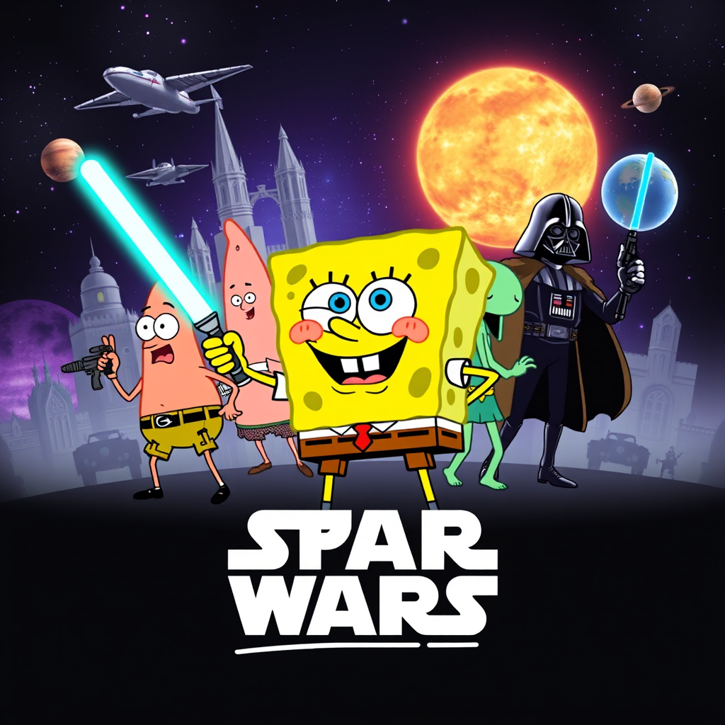 Create a parody of the Star Wars poster with SpongeBob as Luke Skywalker, holding a glowing spatula like a lightsaber. Patrick Star takes the role of Han Solo, holding a blaster, while Squidward is Obi-Wan Kenobi, draped in robes. In the background, Plankton appears as Darth Vader, with Bikini Bottom’s landmarks reimagined as spaceships and planets. The iconic Star Wars logo is swapped for "Sponge Wars," creating a playful, sci-fi adventure scene.