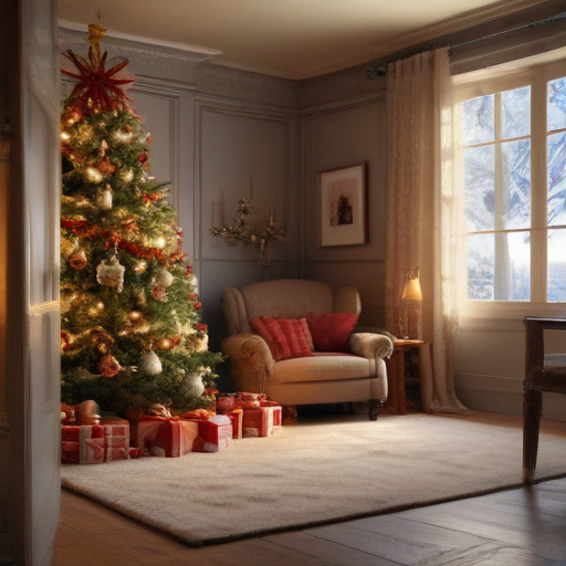 A Cozy Christmas Living Room with a Decorated Tree and Gifts.