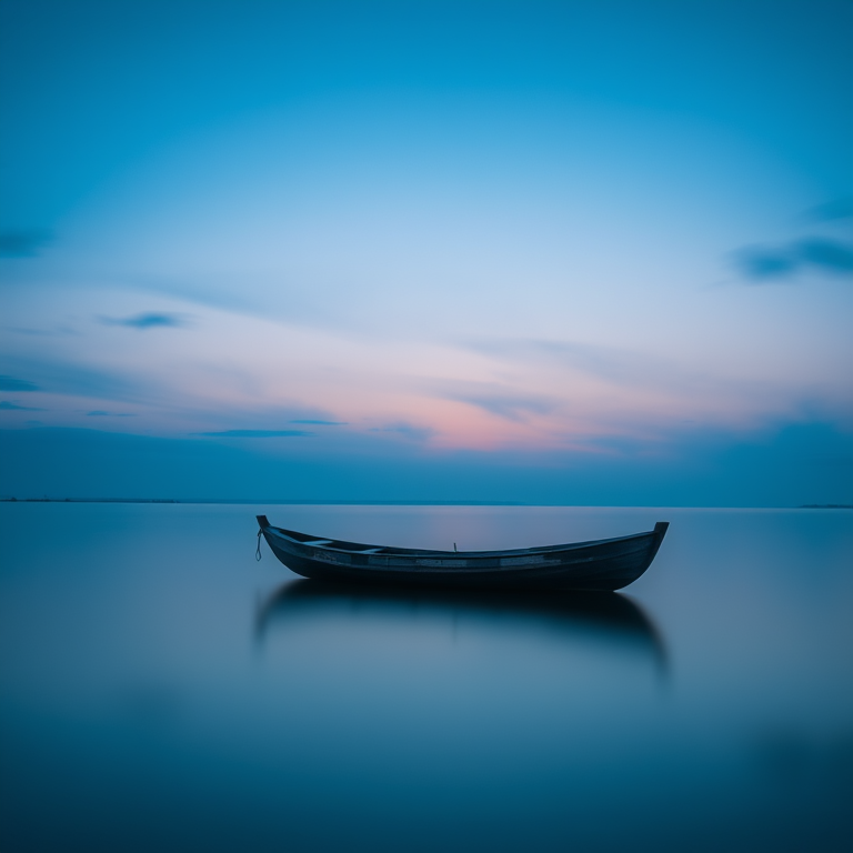 A tranquil landscape at dusk featuring a solitary wooden boat floating on calm water, soft blue and purple hues in the sky, with reflections on the water surface, captured with a full-frame DSLR camera, using a 35mm lens, aperture set to f/8 for depth of field, ISO 100 for clarity, and a slow shutter speed of 15 seconds to enhance the smoothness of the water surface.