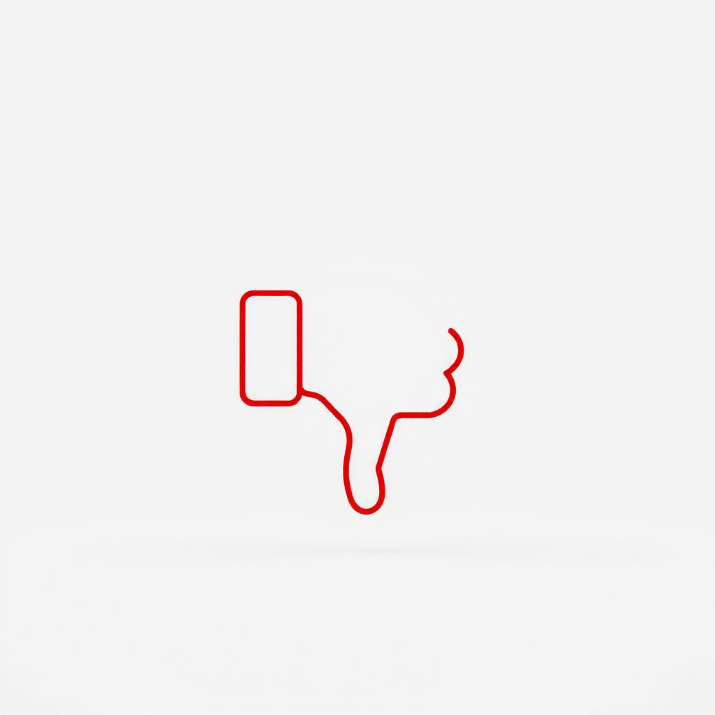 Create a high-resolution image of a red thumbs down symbol on a white background, using a DSLR camera with a 50mm lens, f/1.8 aperture, ISO 100, and a low-angle view to emphasize the symbol's prominence.