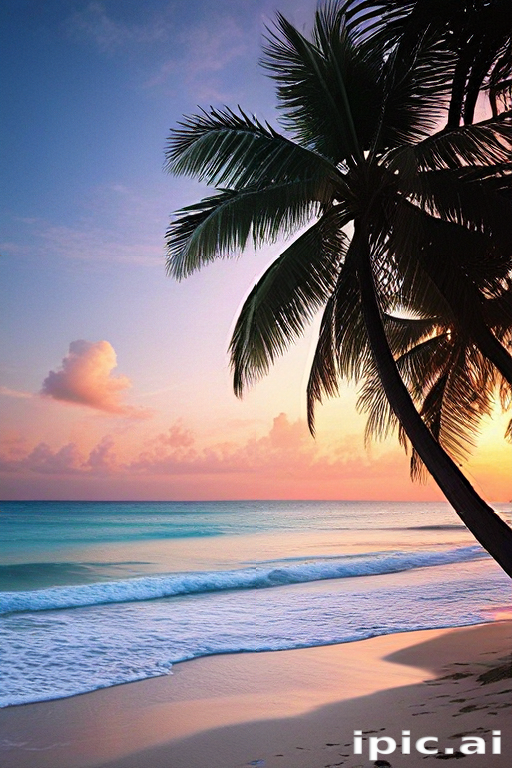 Tranquil Sunset Over Serene Beach with Lush Palm Tree Silhouette