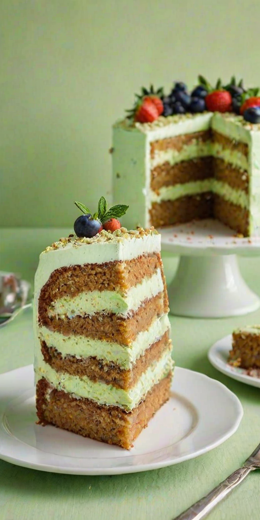 Create an image of a multi-layered cake with a light green background. The cake should have visible layers of cream and crumbs, with a textured top that looks crumbly and slightly uneven. The cake should be displayed on a simple white plate, emphasizing its height and the contrast between the cake and the background.