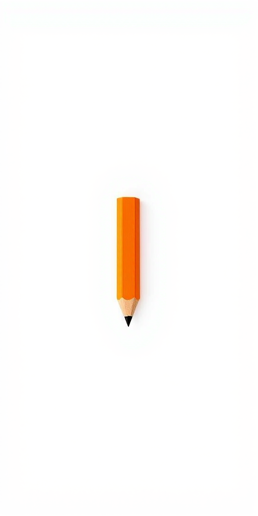 Create a high-resolution image of a simple orange pencil icon with a white background, using a 50mm lens, aperture f/2.8, ISO 100, in a studio lighting setup to enhance colors and sharpness, with a flat lay camera angle.
