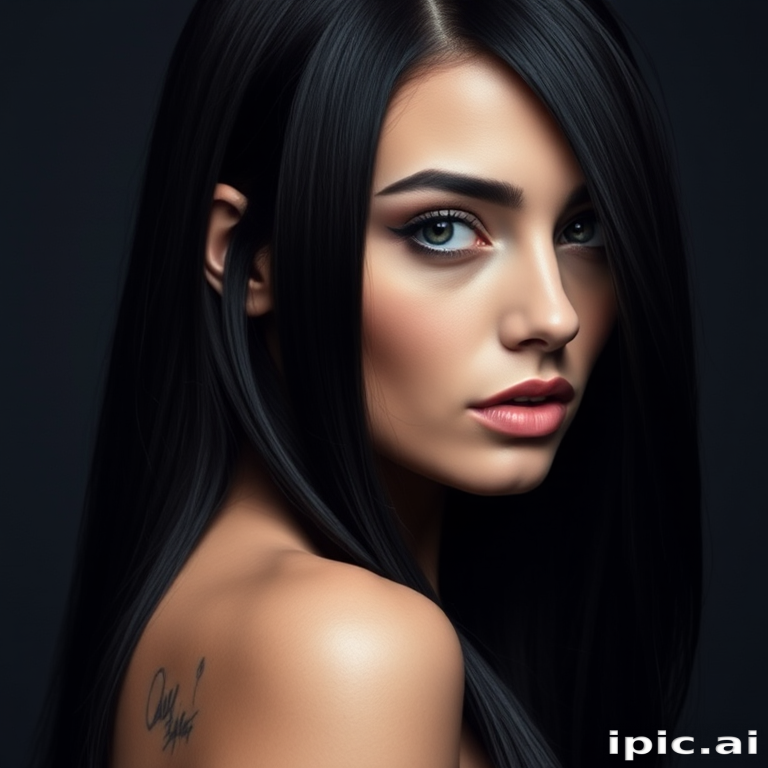 Mysterious beauty with long, jet-black hair styled in sleek, pin-straight locks with a deep side part and subtle blue undertones