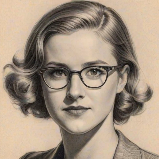 Exquisite Hannah Hart, pencil sketch, portrait of Superb woman 1938s in glasses, hair style beatnik, outline, clear lines, fine lines, 8k