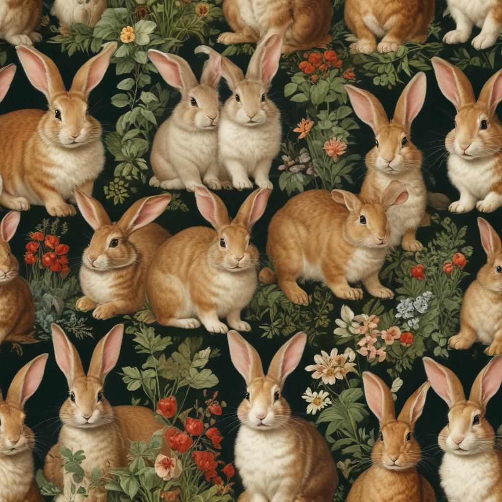 A Charming Pattern of Playful Rabbits Amidst a Floral Background Design.